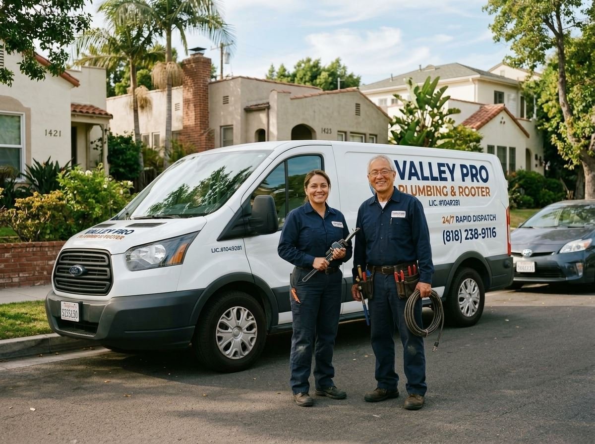 Aquavo Plumbing service crew with their service vehicle in a residential Los Angeles, CA neighborhood